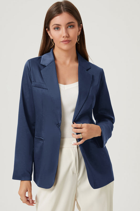 Long Sleeve Lapel Collar Blazer Navy