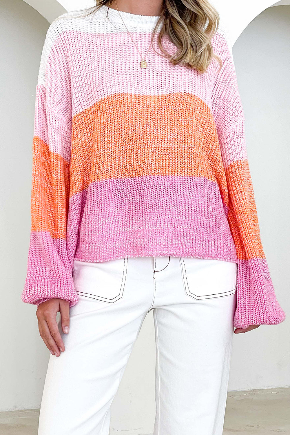 Ribbed Color Block Long Sleeve Sweater