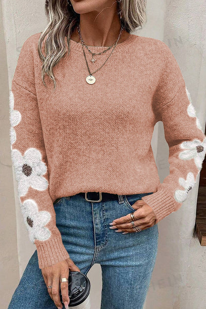 Flower Round Neck Long Sleeve Sweater Dusty Pink