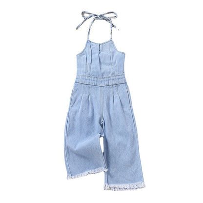 Girls Hollow-out Camisole Denim Jumpsuit