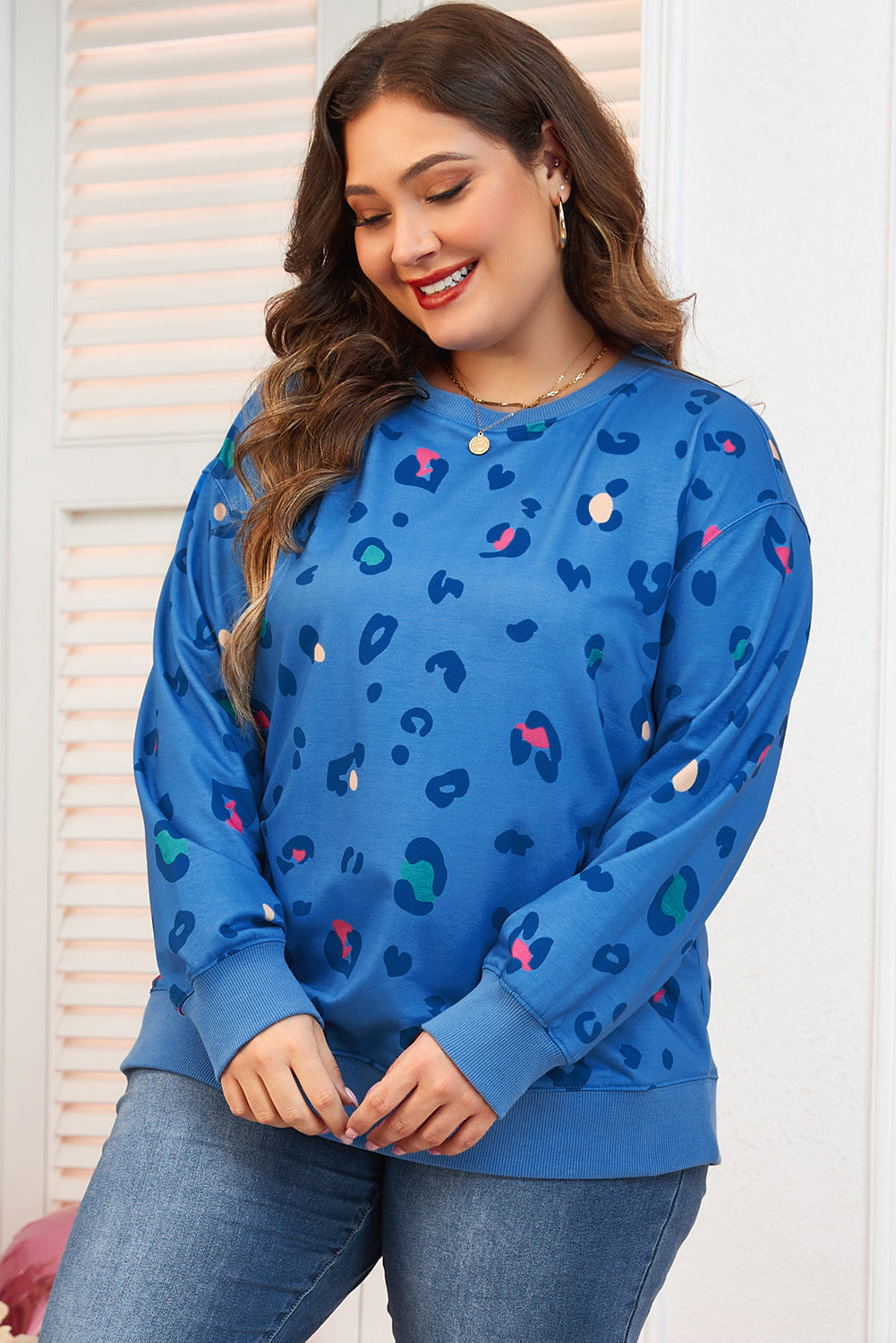 Sky Blue Plus Size Leopard Ribbed Edge Drop Shoulder Pullover Sweatshirt