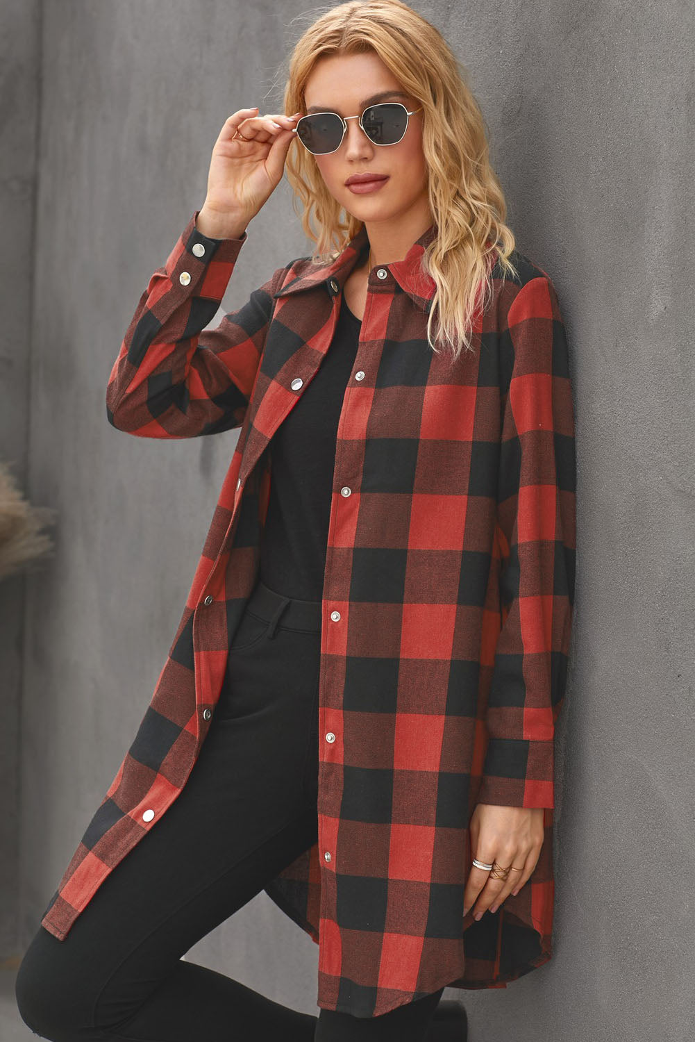 Fiery Red Turn-down Collar Plaid Shirt Coat