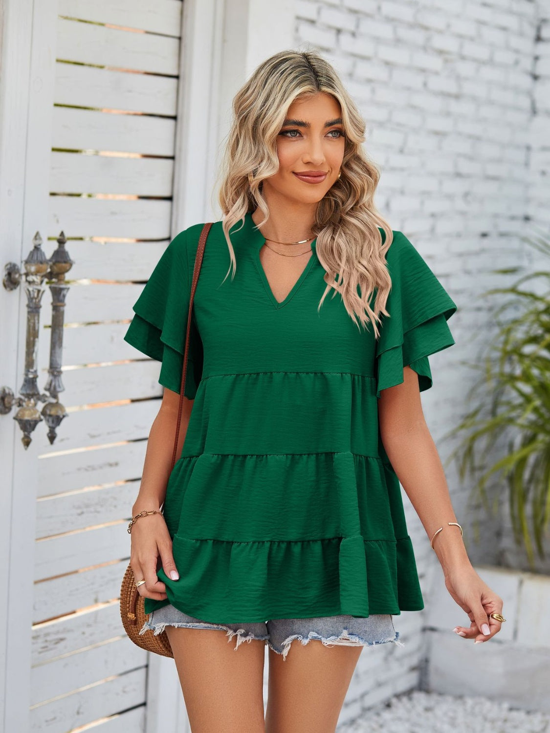 Tiered Notched Short Sleeve Blouse Dark Green