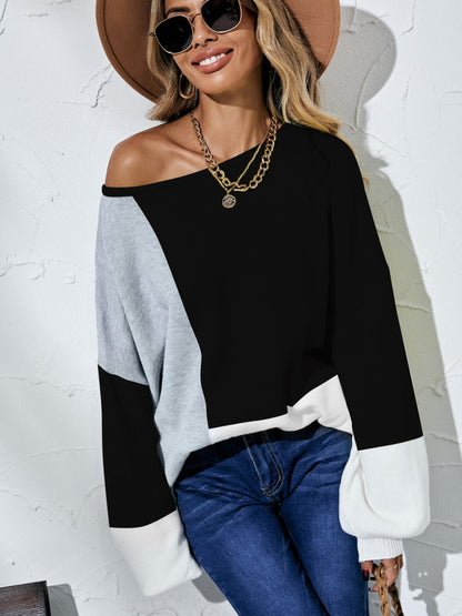 Color Block Balloon Sleeve Boat Neck Sweater Black