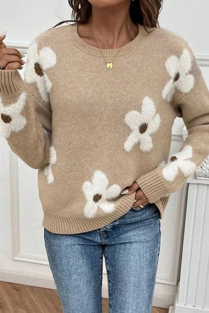 Flower Round Neck Long Sleeve Sweater Camel