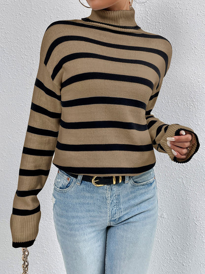 Striped Turtleneck Long Sleeve Sweater – Cozy and Stylish Knitwear for Fall & Winter