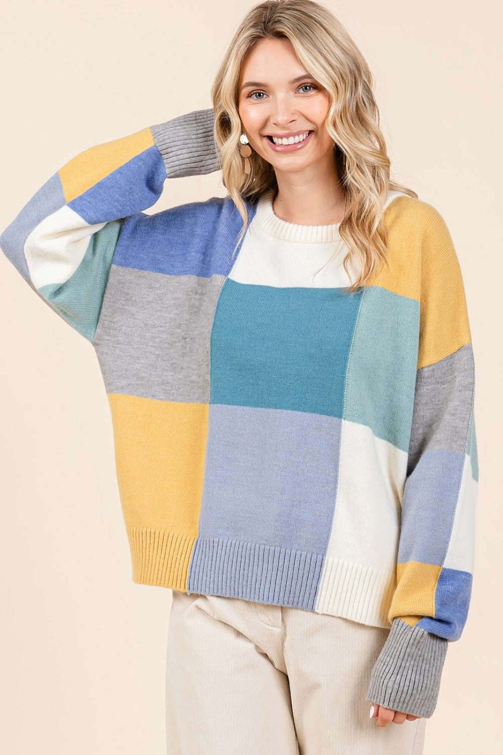 Mittoshop Color Block Round Neck Sweater Seafoam