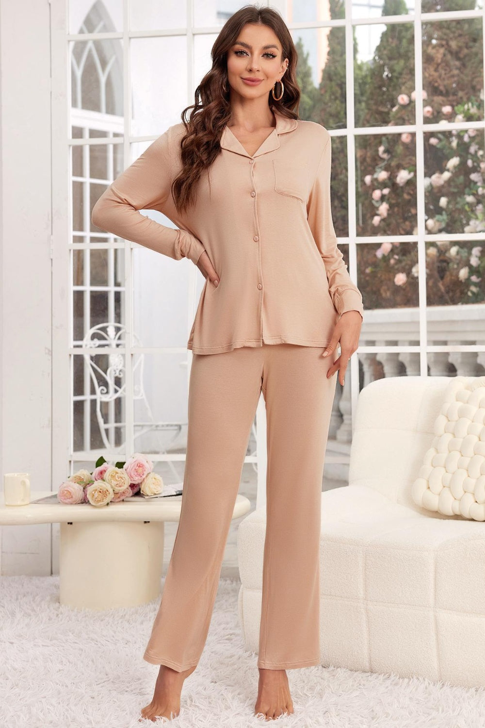 Button Up Long Sleeve Top and Pants Lounge Set Apricot