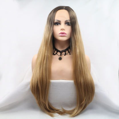 13*3" Lace Front Wigs Synthetic Long Straight 24" 130% Density Brown Khaki One Size