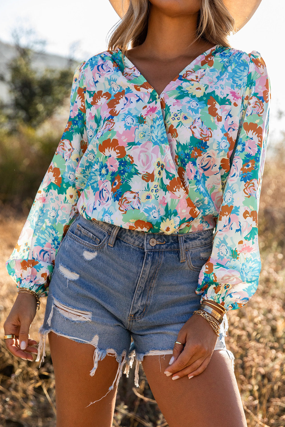 Sky Blue Floral Print Wrap Long Sleeve Bodysuit