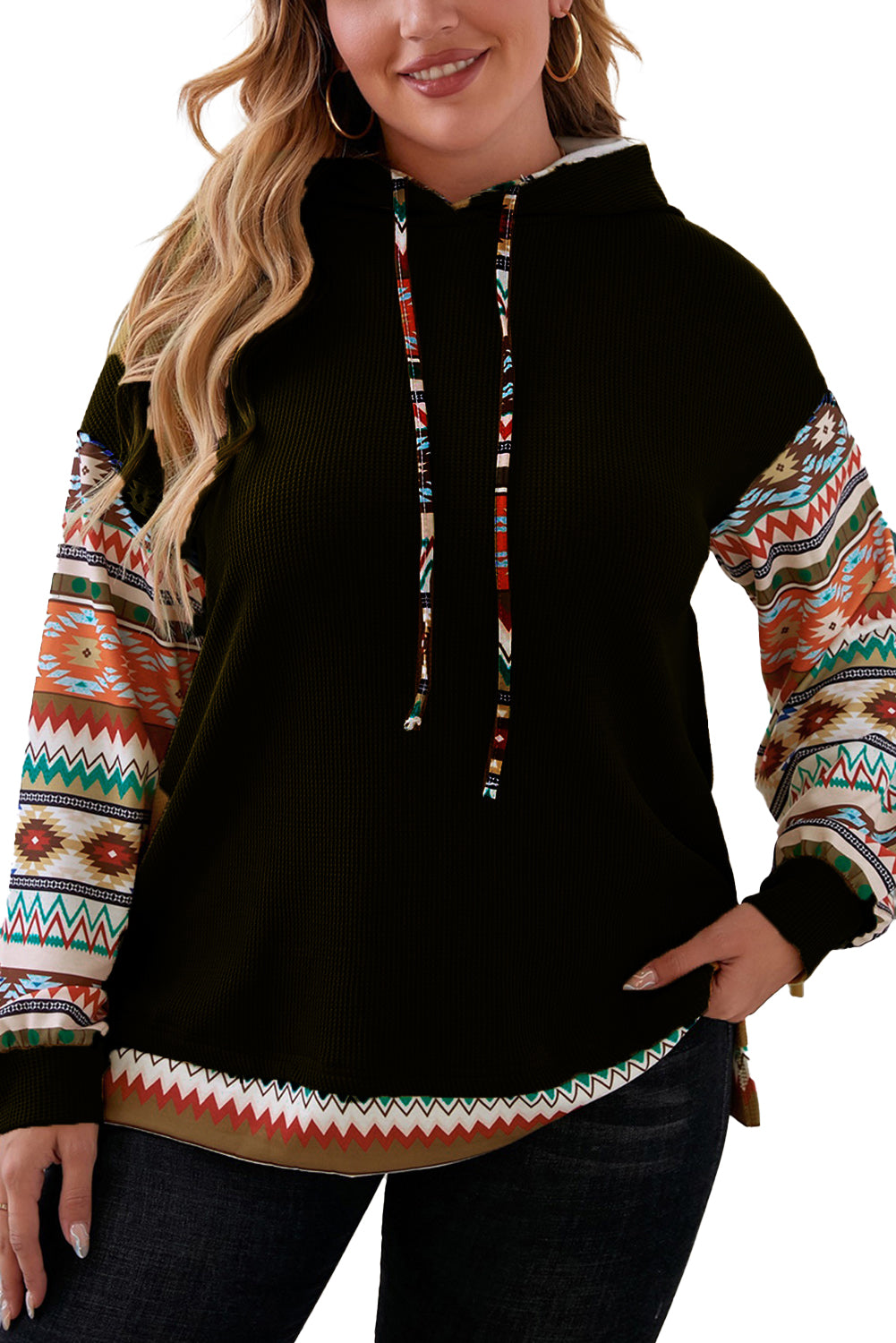 Black Aztec Patchwork Sleeve Waffle Drawstring Plus Hoodie