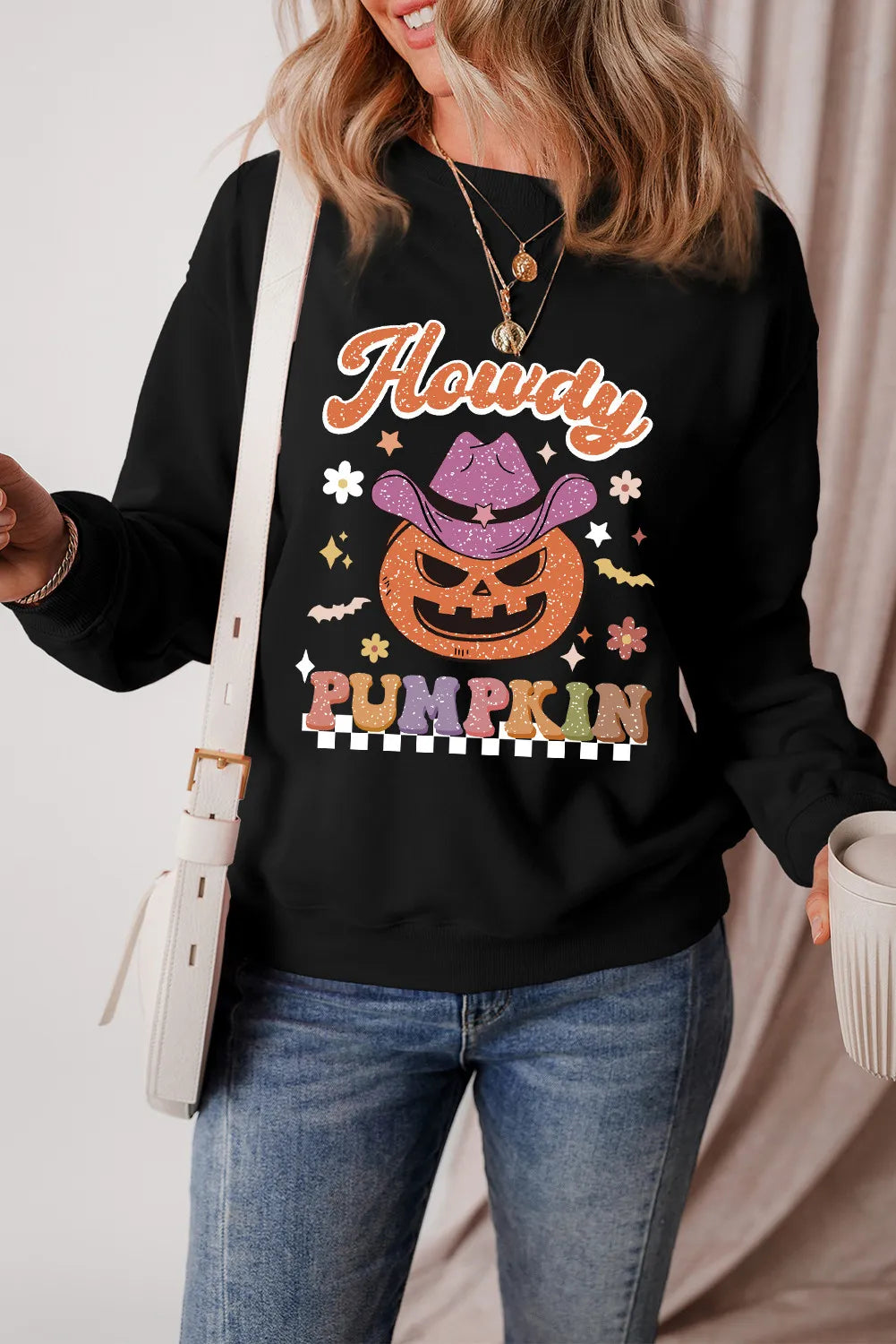 Jack-O'-Lantern Round Neck Long Sleeve Sweatshirt Black