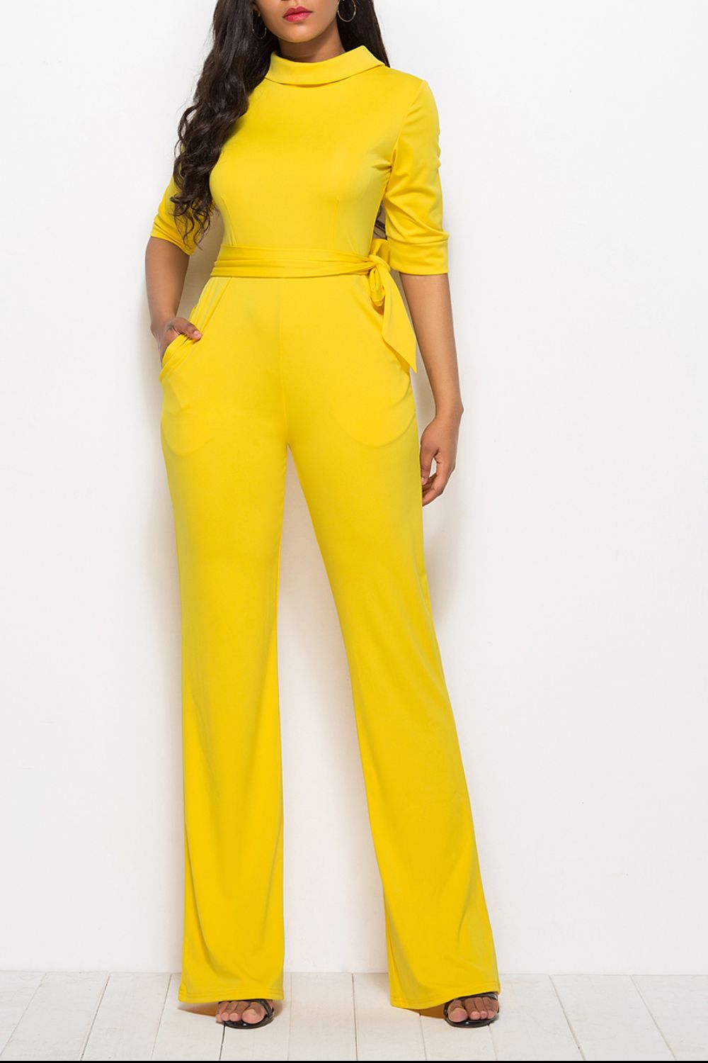 Mock Neck Tie-Waist Half Sleeve Jumpsuit Yellow