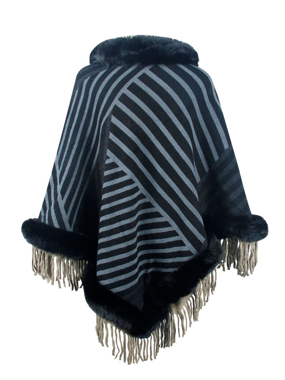 Striped Fringe Hem Poncho - Thandynie