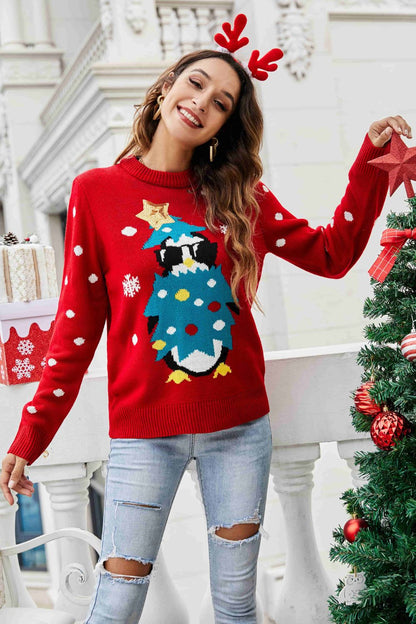 Christmas Penguin Graphic Sequin Sweater Red