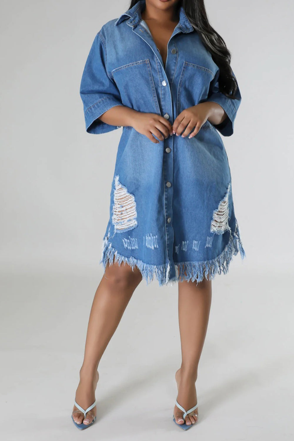 Distressed Raw Hem Button Up Denim Dress Light