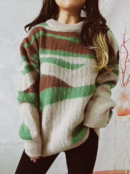 Color Block Round Neck Sweater Matcha Green