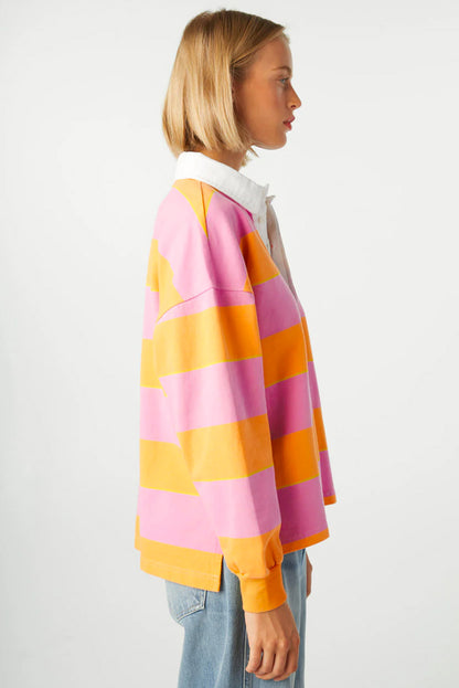 Contrast Striped Collared Neck Long Sleeve Sweatshirt