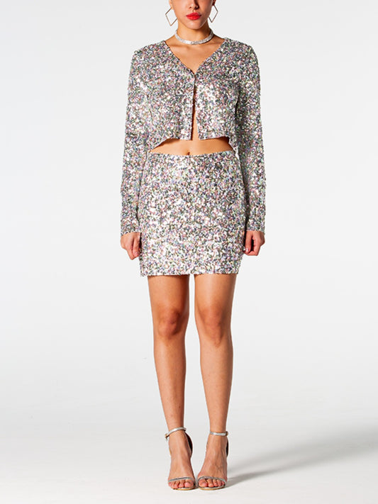 Sequin V-Neck Top and Mini Skirt Set - Thandynie