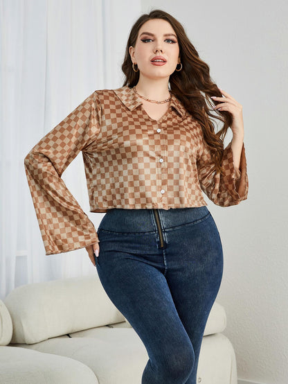 Plus Size Checkered Johnny Collar Flare Sleeve Shirt Plaid