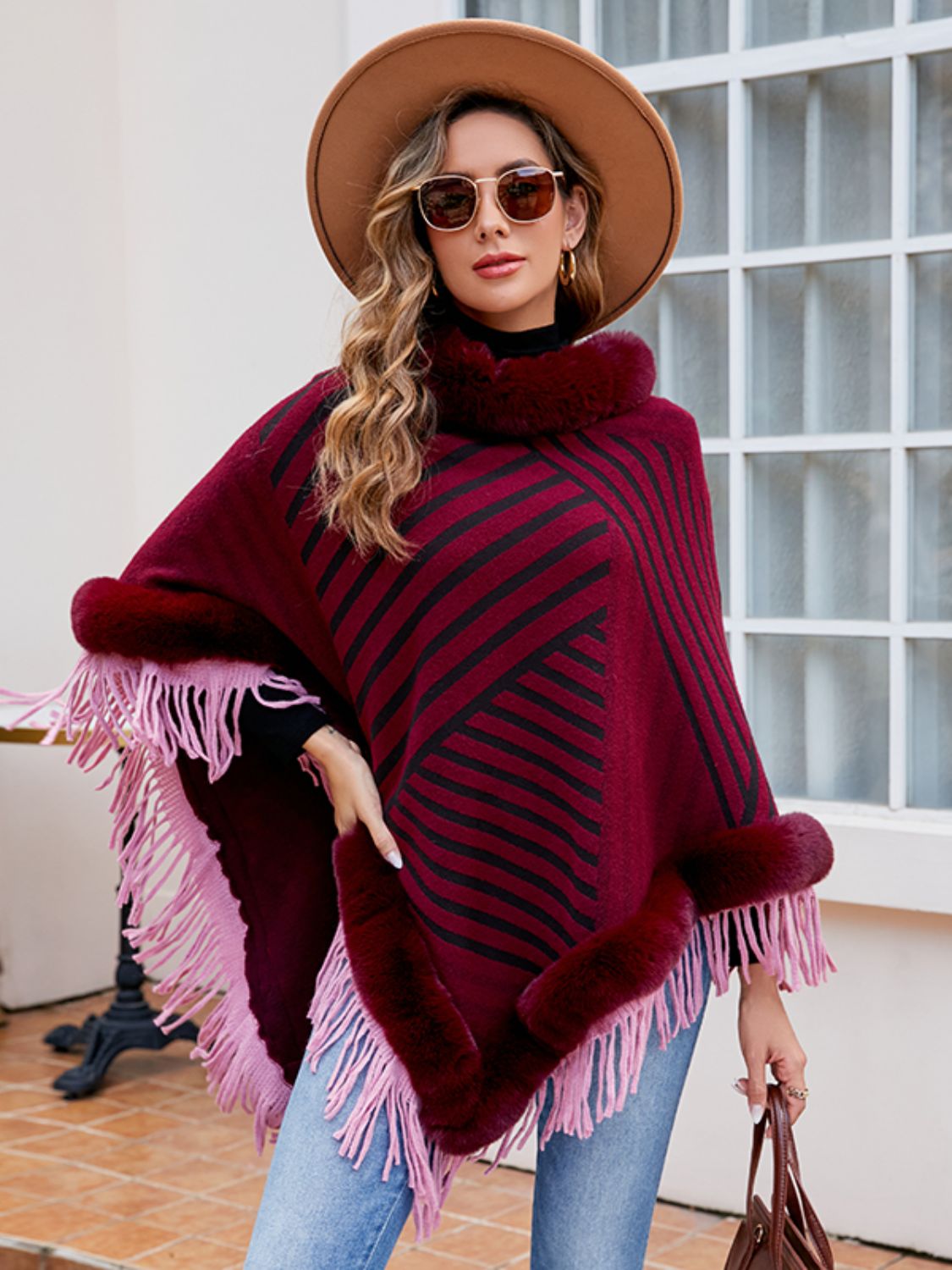 Striped Fringe Hem Poncho - Thandynie