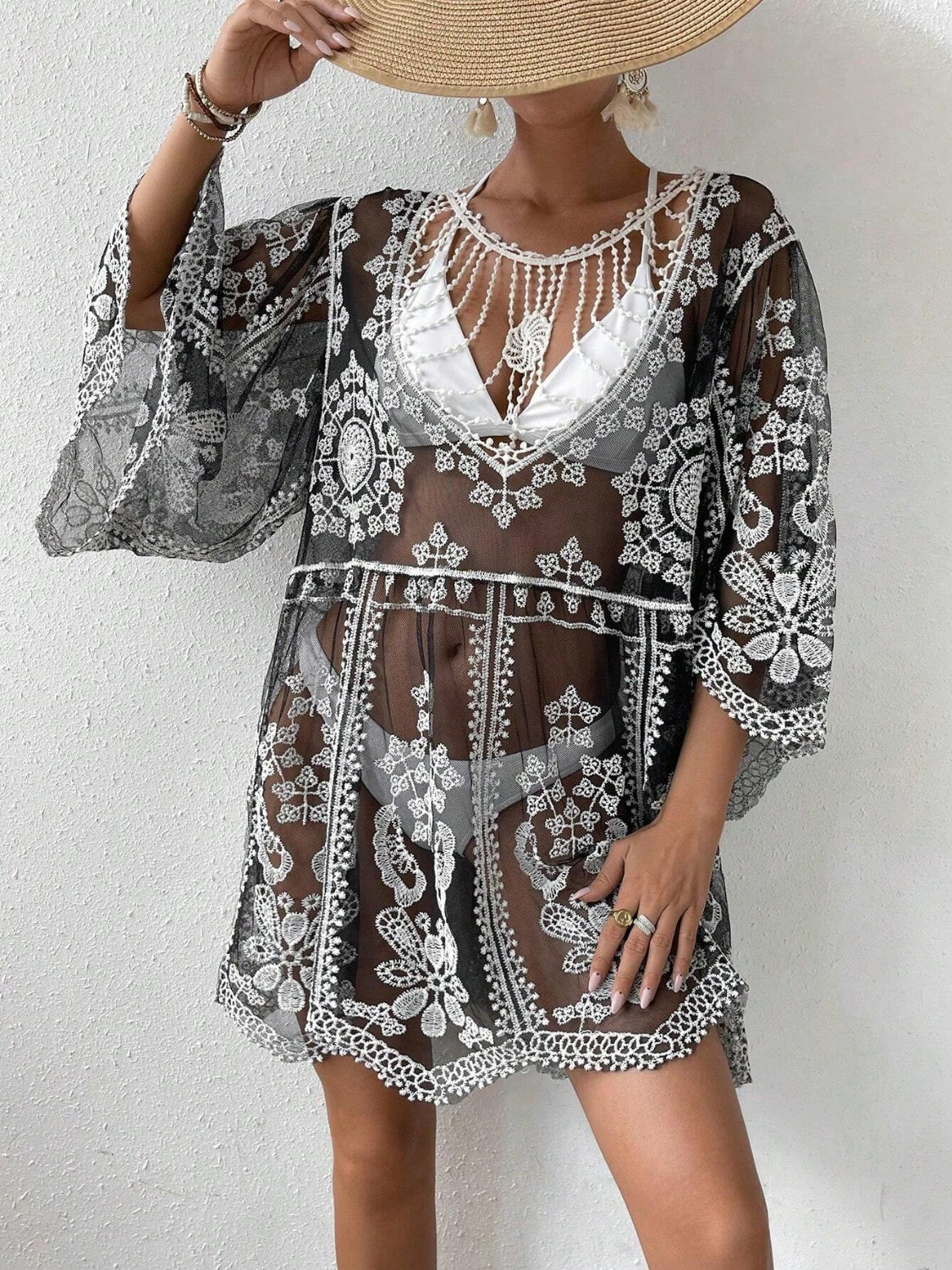 Lace Round Neck Cover-Up Black One Size