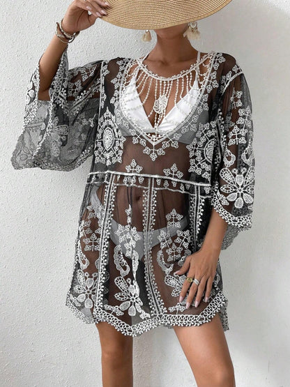 Lace Round Neck Cover-Up Black One Size