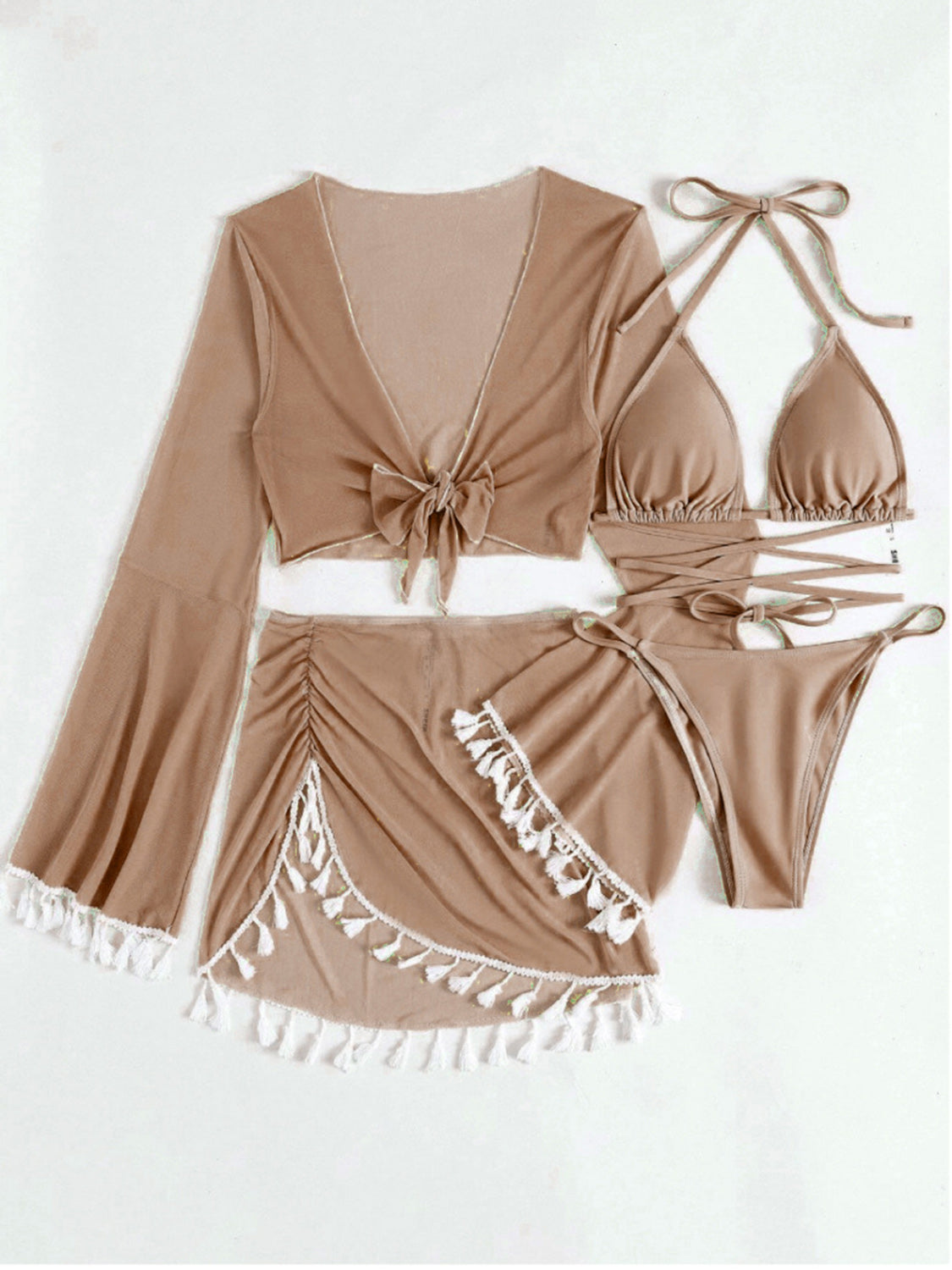 Halter Neck Bra, Bottom, Tassel Flare Sleeve Cover-Up and Skirt Four-Piece Swim Set - Thandynie