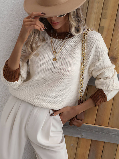 Contrast Trim Drop Shoulder Pullover Sweater Cream