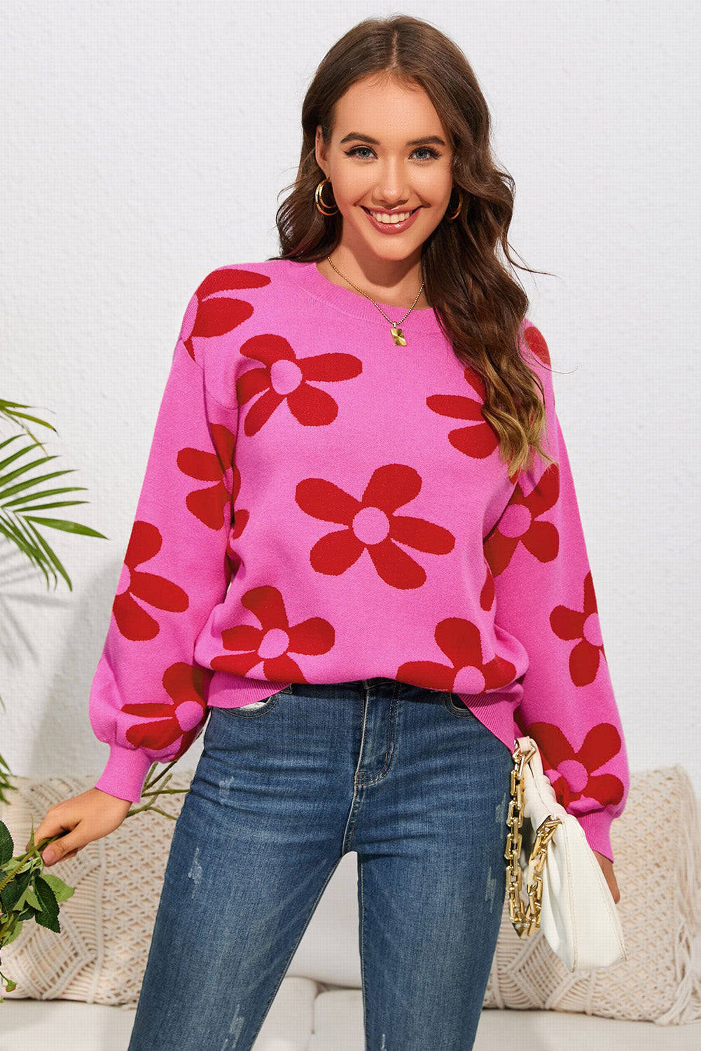 Floral Print Round Neck Dropped Shoulder Sweater Deep Rose