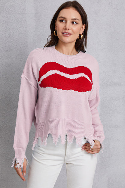 Lip Fringe Round Neck Sweater Lilac