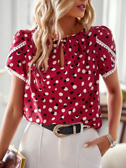 Printed Petal Sleeve Round Neck Blouse