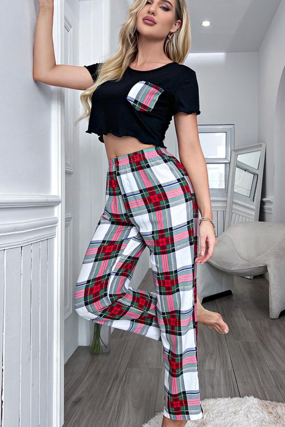 Lettuce Trim Cropped T-Shirt and Plaid Pants Lounge Set Plaid