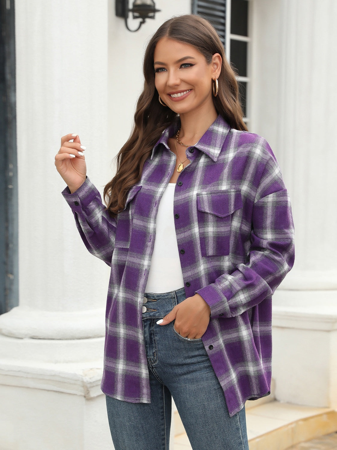 Plaid Button Up Pocketed Shirt Purple