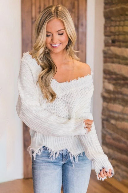 Frayed Hem Dropped Shoulder Sweater White