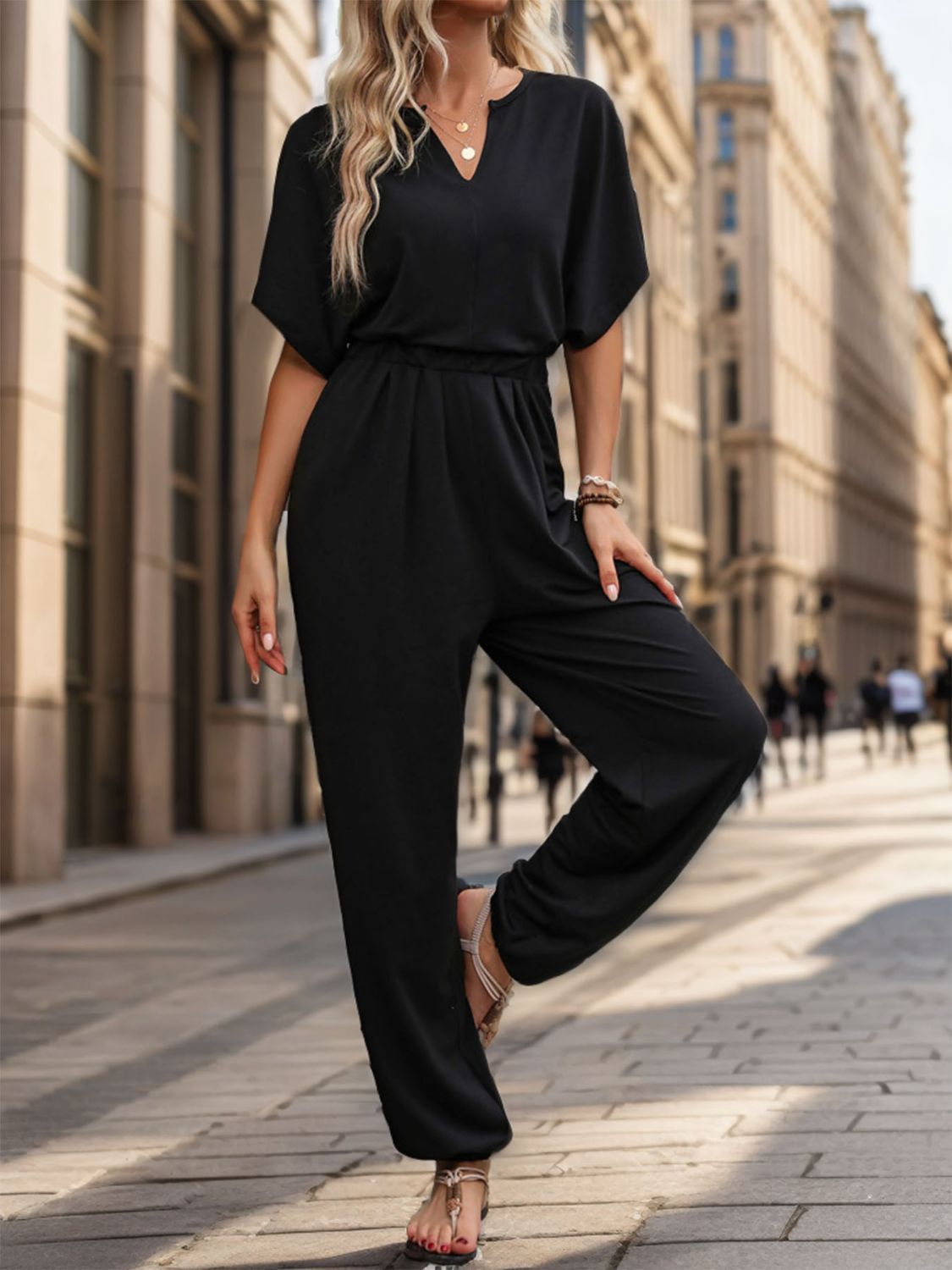 Notched Half Sleeve Straight Jumpsuit Black