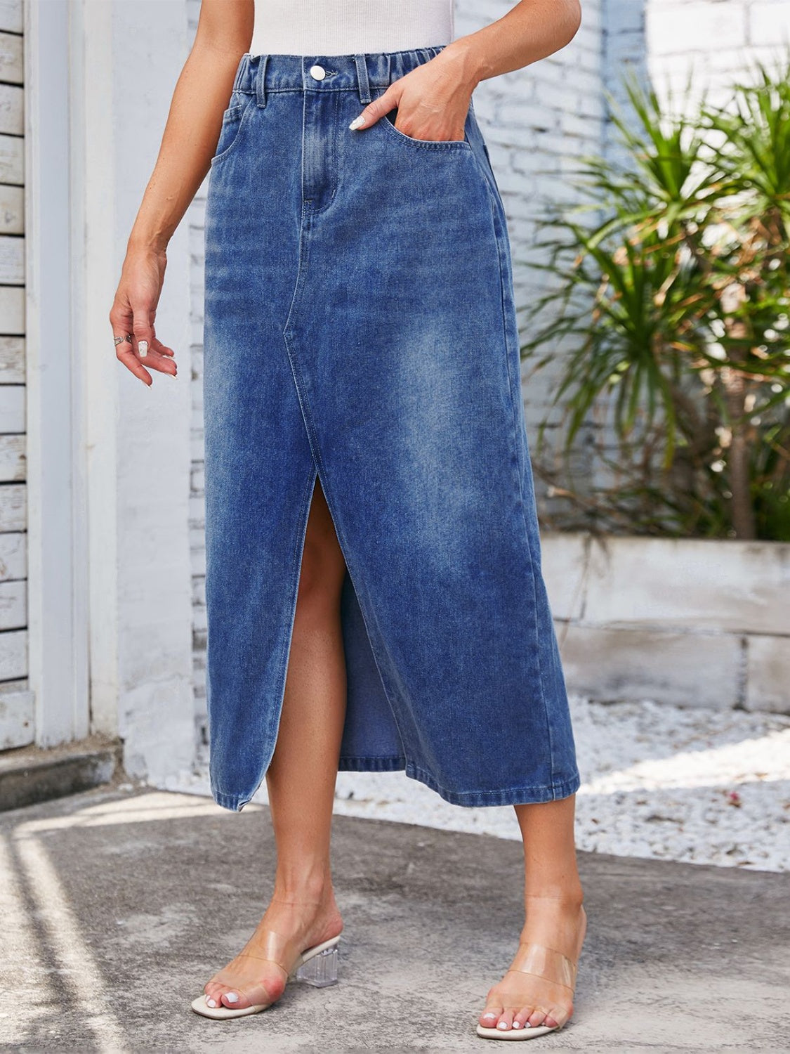 Slit Midi Denim Skirt with Pockets - Thandynie