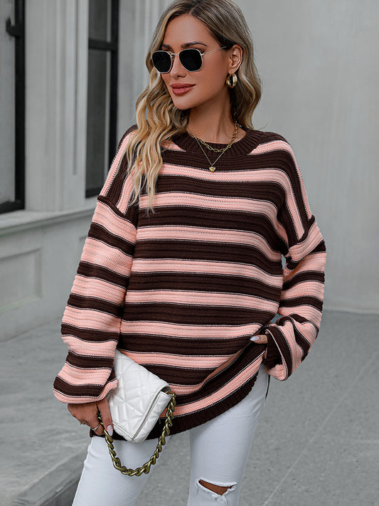 Striped Dropped Shoulder Sweater Burnt Coral