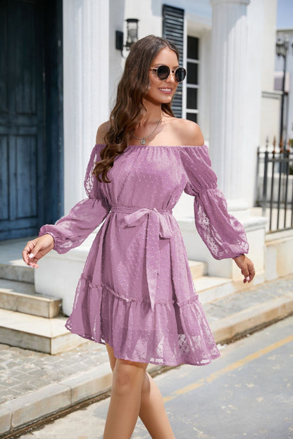 Swiss Dot Off-Shoulder Balloon Sleeve Dress Lilac