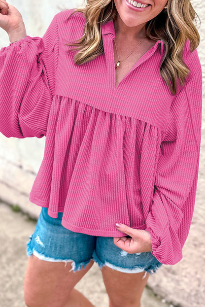 Bright Pink Corded Turn-down V Neck Bubble Sleeve Babydoll Blouse Bright Pink 75%Polyester+20%Viscose+5%Elastane