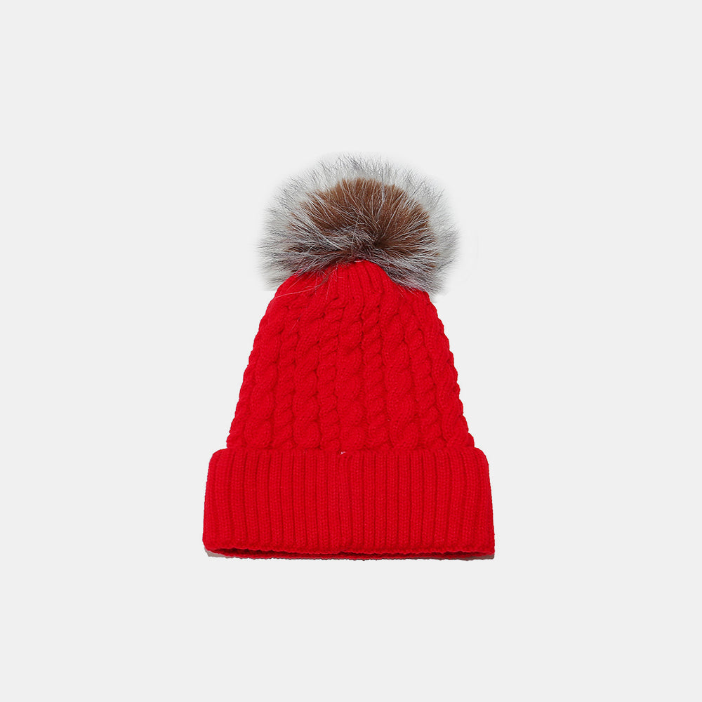 Cable Knit Winter Hat with Pompom Deep Red One Size