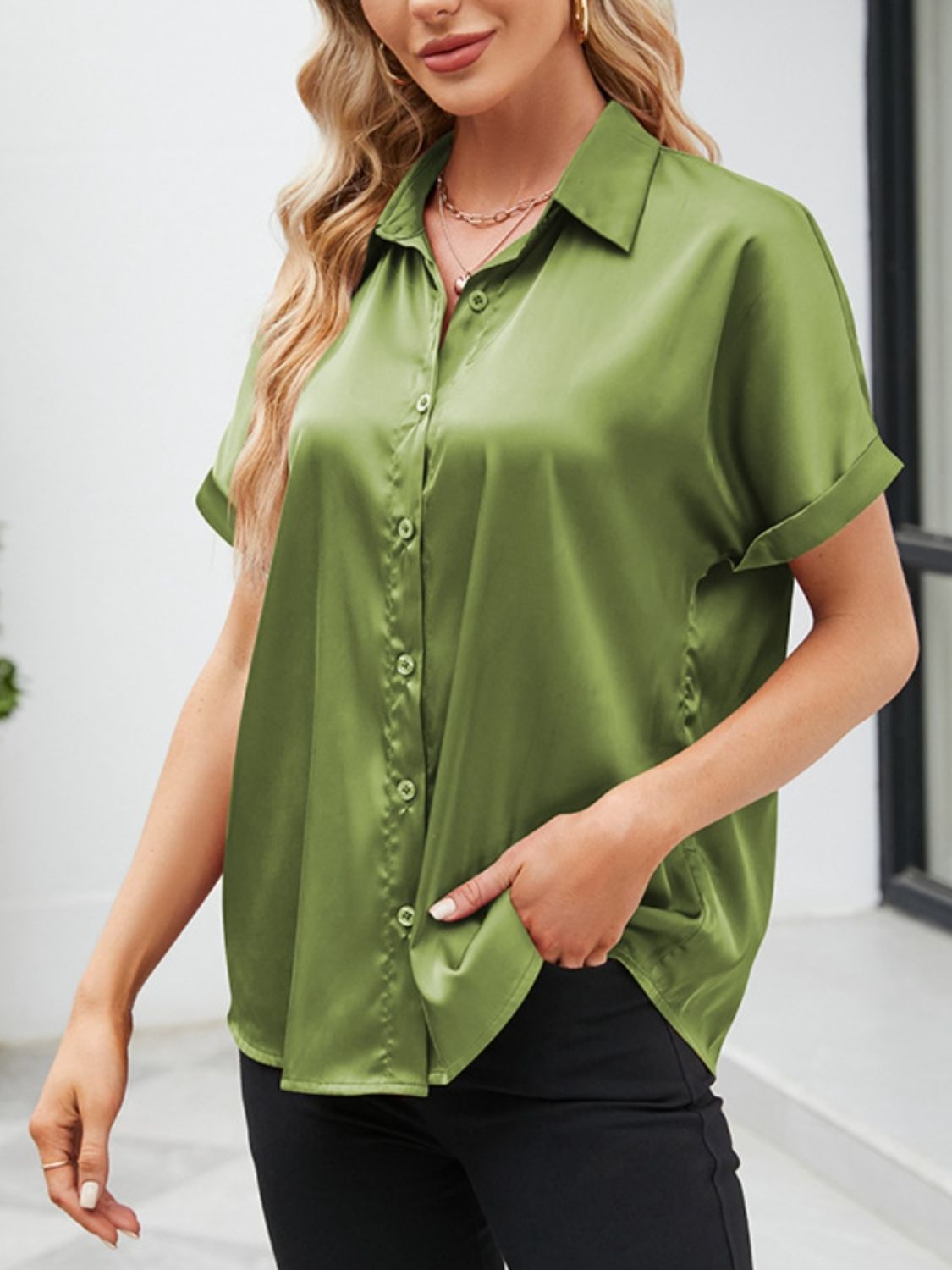 Button Up Short Sleeve Shirt Matcha Green
