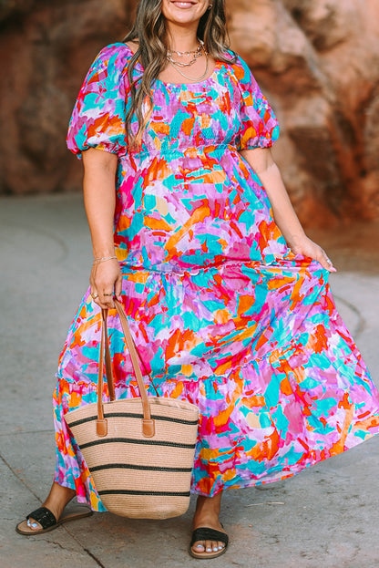 Multicolour Plus Size Floral Smocked Puff Sleeve Maxi Dress