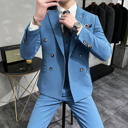 Men's Business Formal High-grade British Style Suit For Men Blue Three Pieces