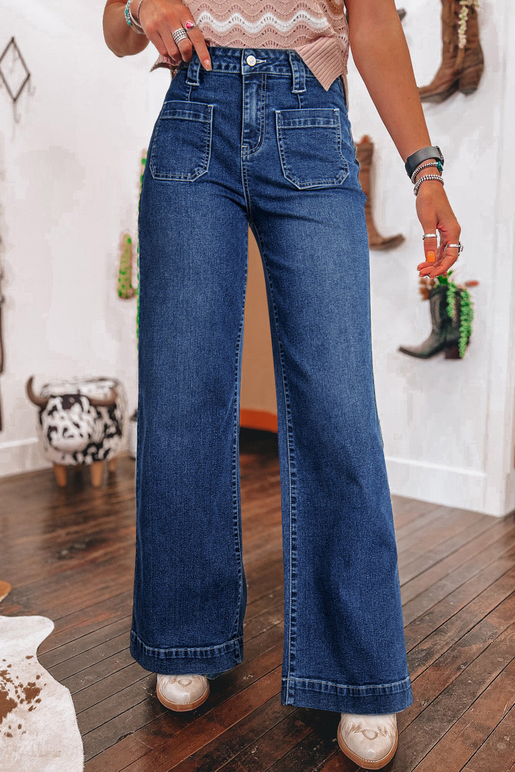 Sail Blue Wide Leg Pocketed High Waist Jeans Sail Blue 71%Cotton+27.5%Polyester+1.5%Elastane