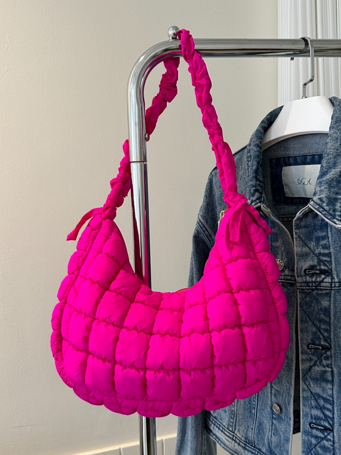 Bubble Texture Ruched Strap Quilted Shoulder Bag Hot Pink One Size