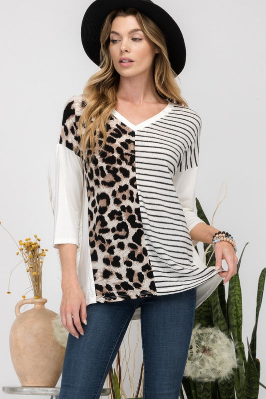 Celeste Full Size Front Leopard and Striped Print V-Neck T-Shirt Ivory Leopard