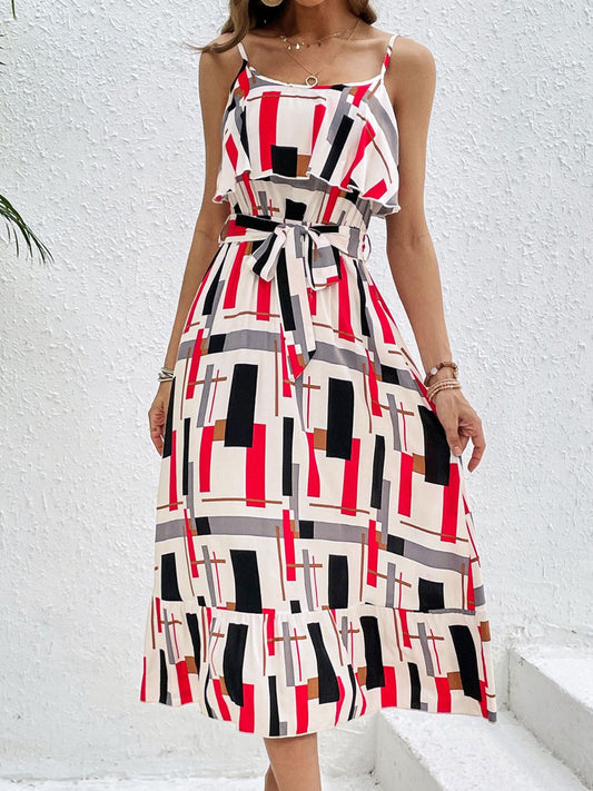 Ruffled Printed Tie Waist Midi Dress Multicolor