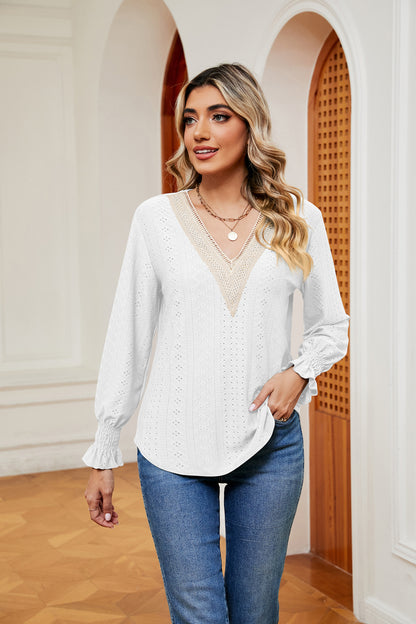 Contrast Flounce Sleeve Blouse White