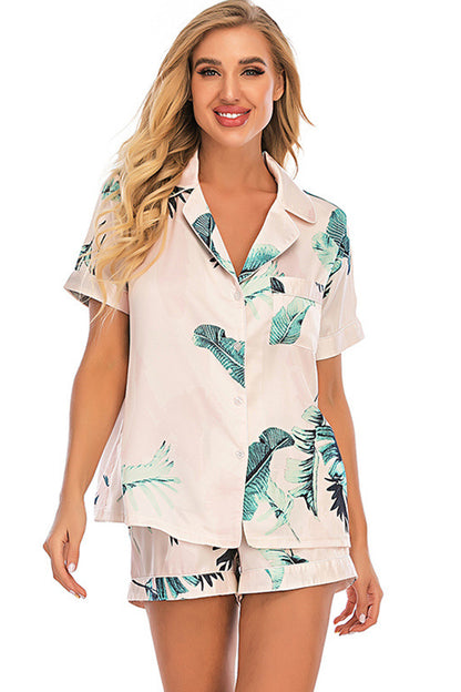 Printed Button Up Short Sleeve Top and Shorts Lounge Set